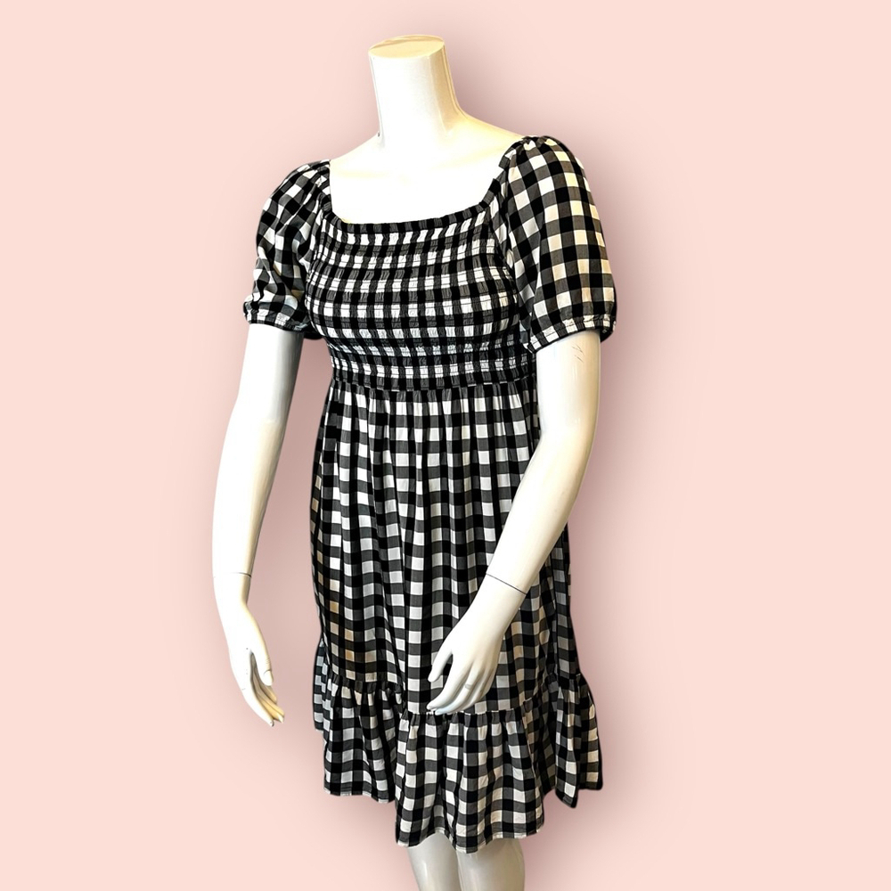 Place Gingham Shirred Ruffle Dress, L, Black White - Picture 2 of 15